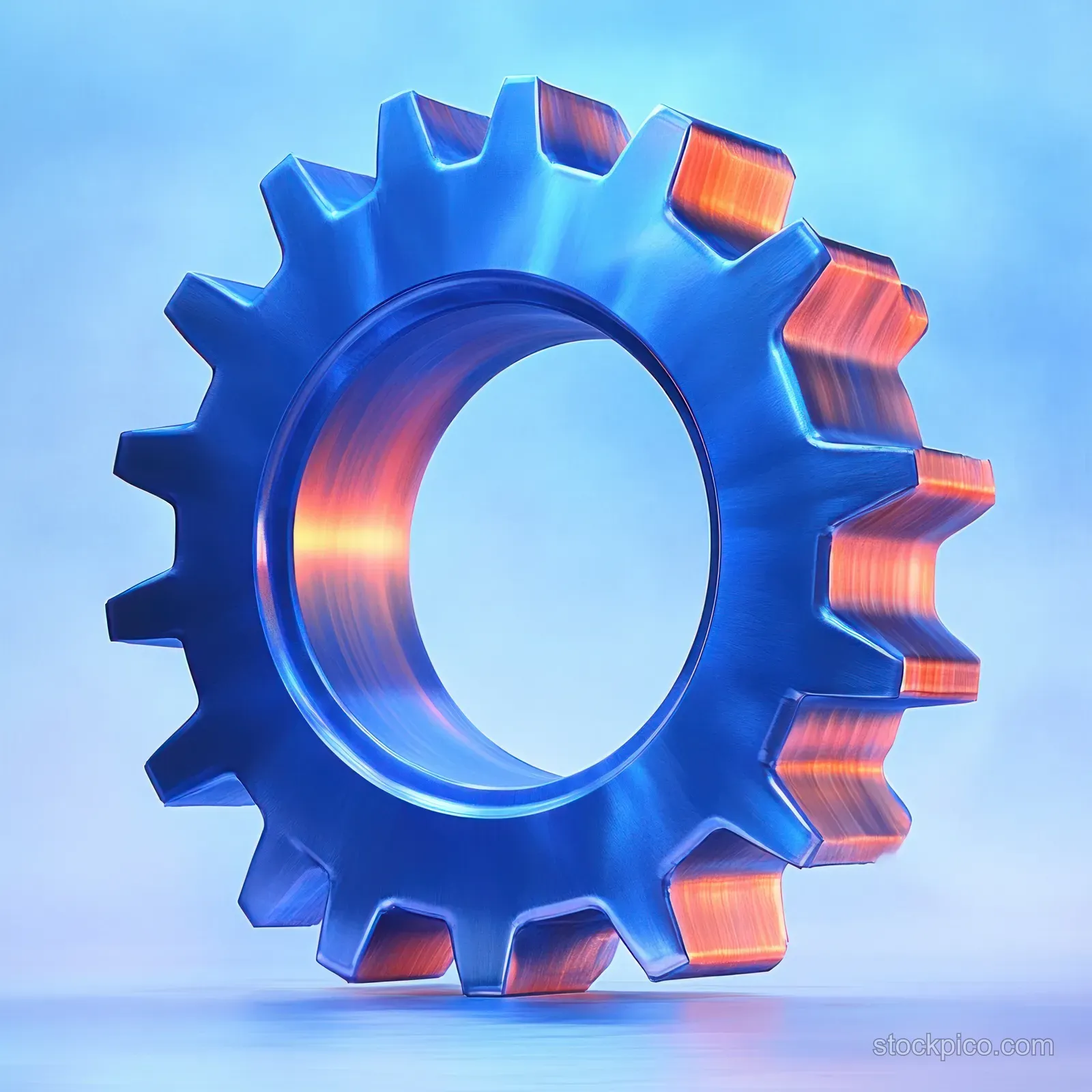 A blue metallic gear icon with glowing copper segments centered on a light blue industrial background.