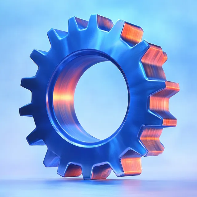 A blue metallic gear icon with glowing copper segments centered on a light blue industrial background.