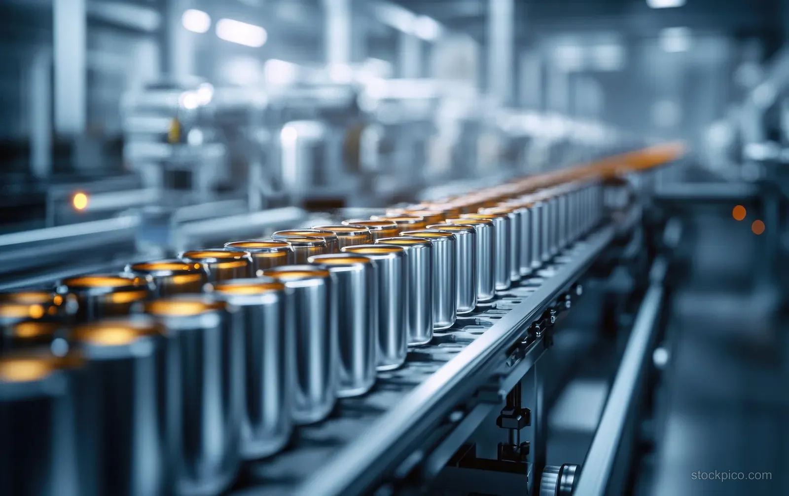 Cylindrical battery cells ride a conveyor inside an EV factory with illuminated status lights.