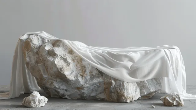 White fabric drapes across a rough stone pedestal on a gray neutral background.