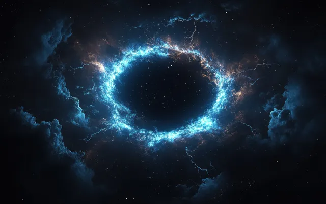 Blue lightning forms a glowing circular vortex in a dark space void with surrounding nebula clouds.