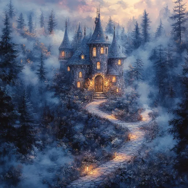 A fairytale castle with lit windows sits in foggy pine forest beside a winding path.