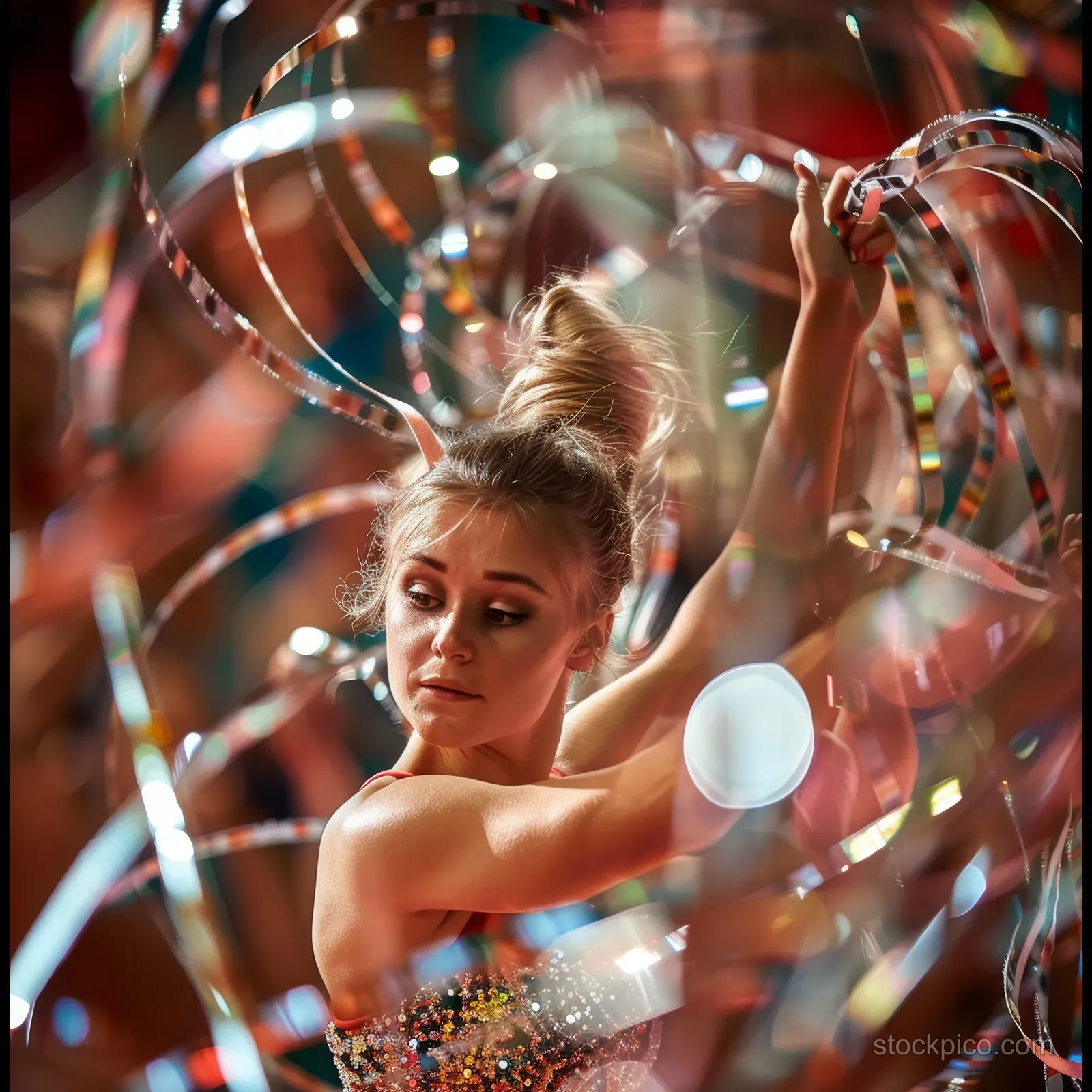 Rhythmic gymnast leaps forward while holding ribbon equipment under bright stage lights with blurred crowd in background.