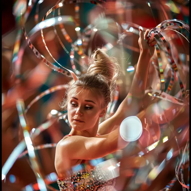 Rhythmic gymnast leaps forward while holding ribbon equipment under bright stage lights with blurred crowd in background.