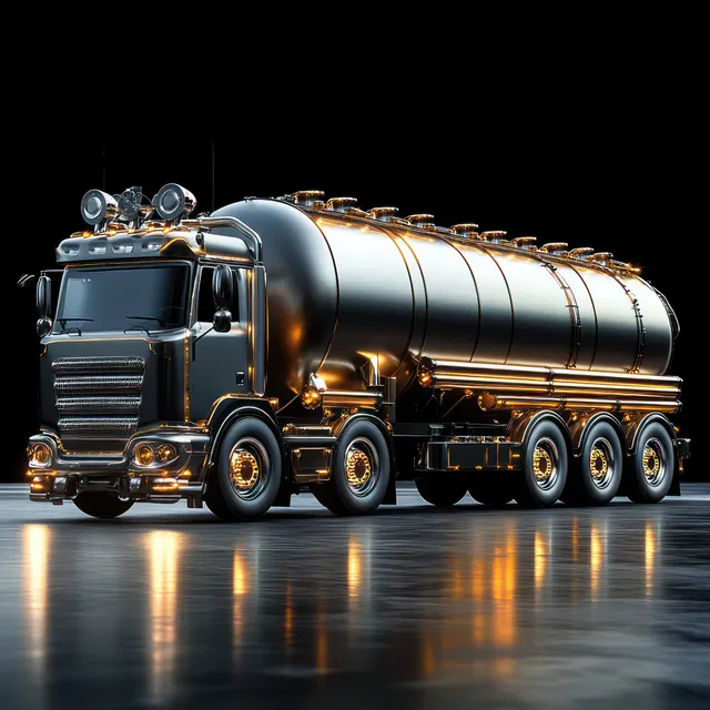 Shiny metallic tanker truck parked at night on a reflective polished floor