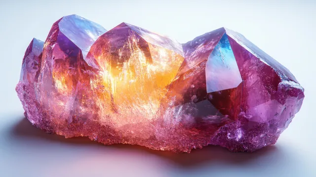 Iridescent faceted crystal gemstone glowing with pastel rainbow gradient highlights on a white background.