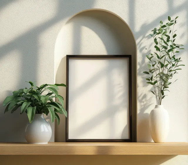 An empty black artwork frame sits on a wooden shelf beside lush green plants and white vases in soft sunlight.