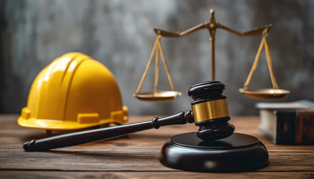 Yellow construction helmet sits beside a wooden gavel and balanced scales of justice on a dark table.