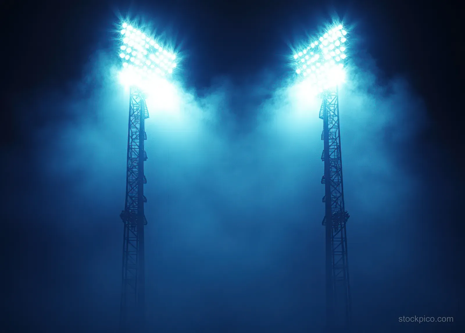 Two illuminated stadium floodlight towers beam through fog against a dark night sky.