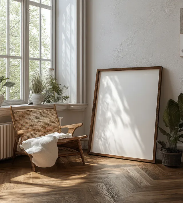 Empty wooden chair and large blank picture frame in a sunlit minimalist room with window shadows.