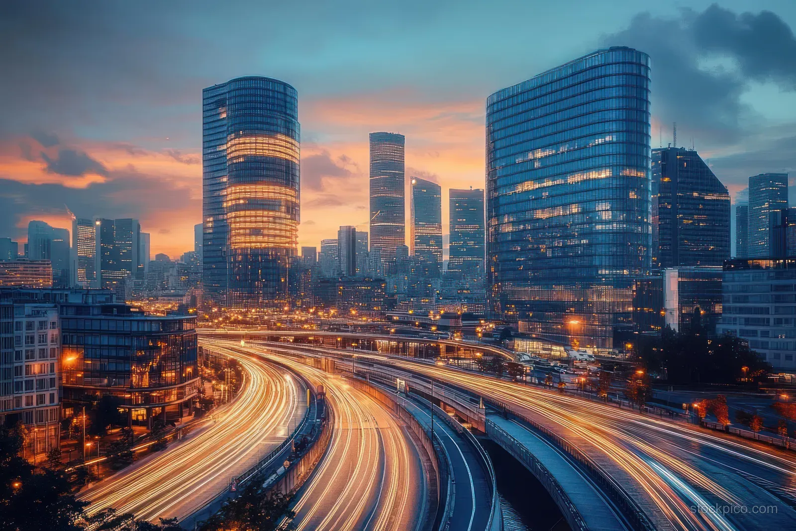Curved highway at dusk with long light trails from traffic and illuminated glass skyscrapers behind it.