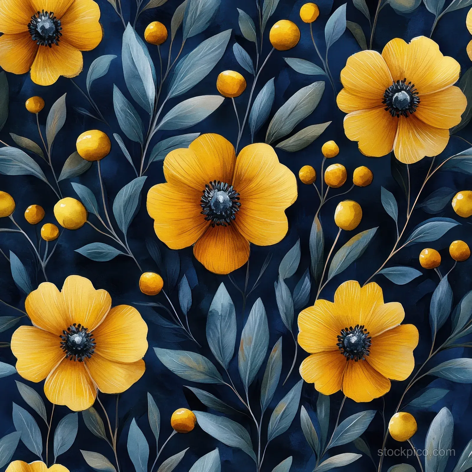 Watercolor yellow flowers with green leaves form a repeating pattern over a dark blue background.