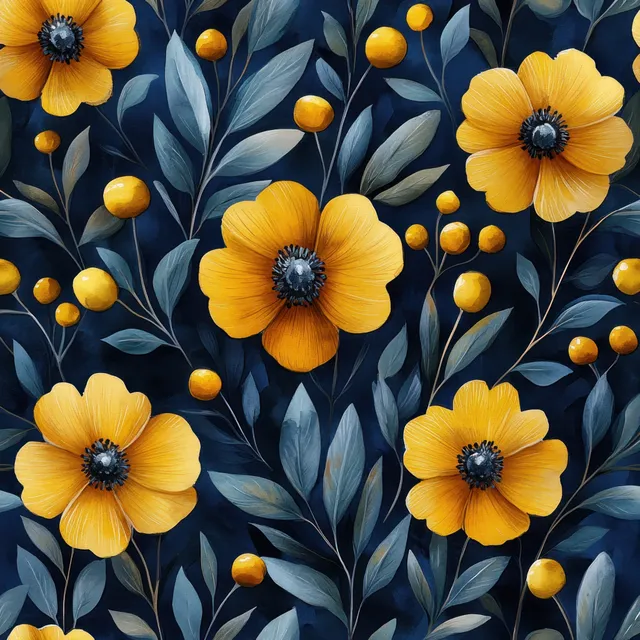 Watercolor floral pattern with yellow blossoms and green leaves on dark blue backdrop
