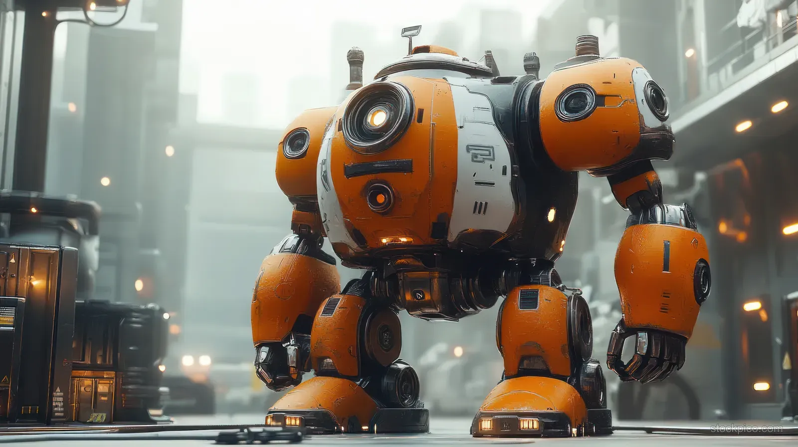 Bulky orange-and-white robot stands in a foggy industrial city street with glowing lights and steel structures around it.