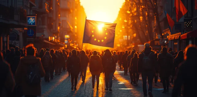 People march through a city street at sunset holding a large European flag with golden backlight behind them.