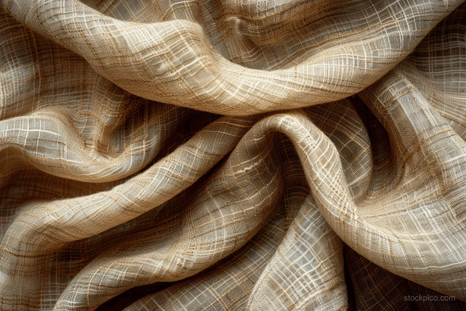 Cream and brown hessian fabric with visible woven canvas texture and wrinkled folds fills the frame.