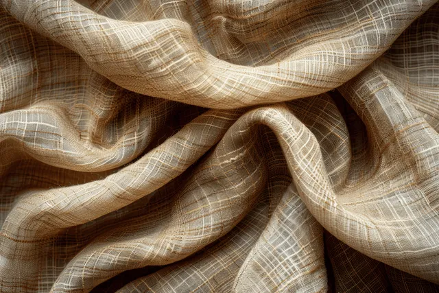 Cream and brown hessian fabric with visible woven canvas texture and wrinkled folds fills the frame.