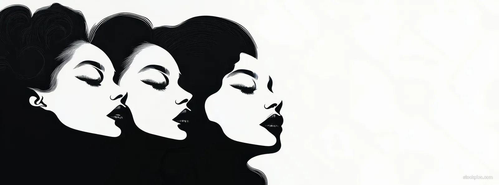 Three black women profile silhouettes with afro hair and turban braids on a light background with negative space.