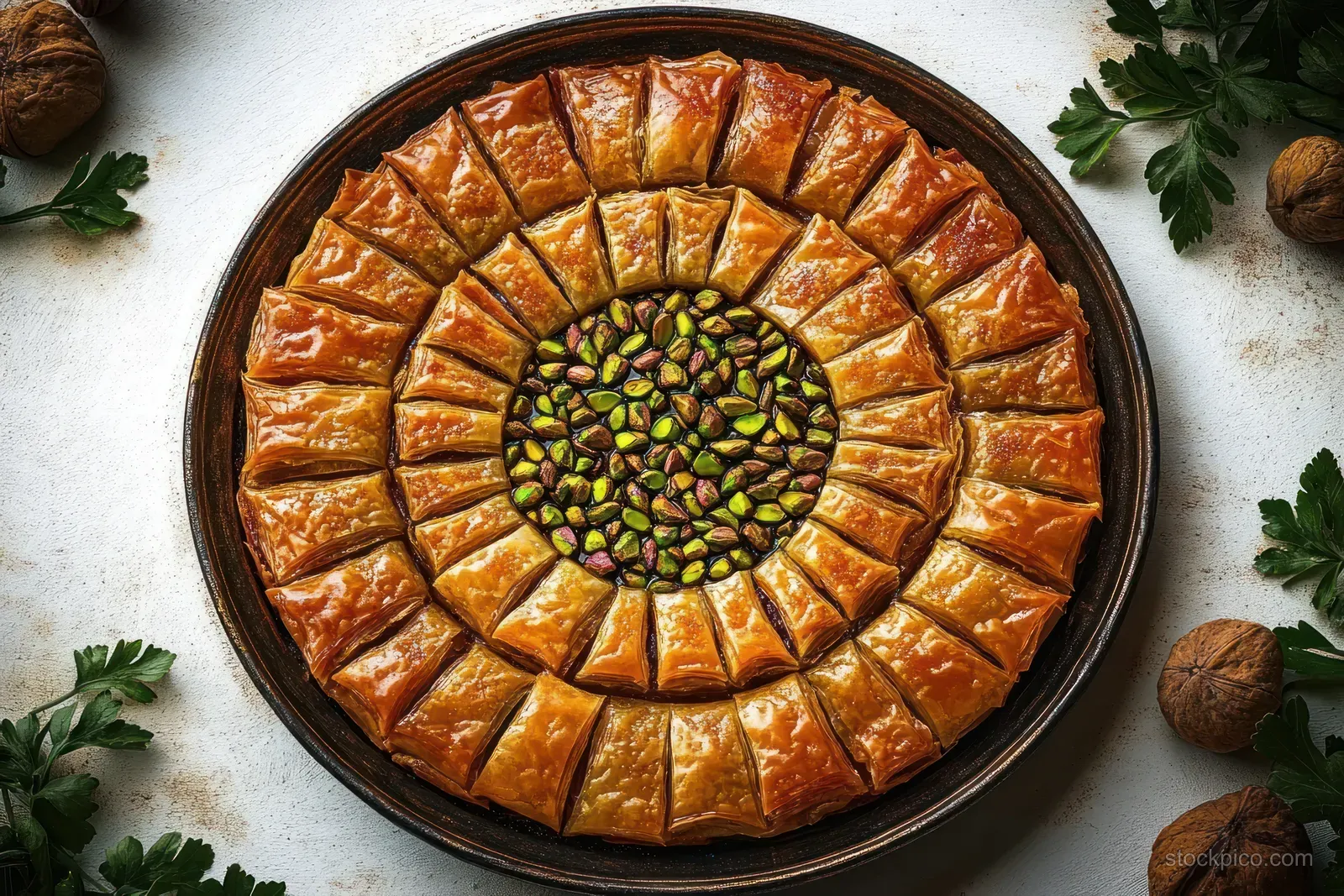 Baklava pieces arranged in concentric circles around a pistachio center on a white table with walnuts and green leaves.