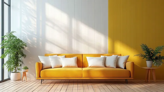 Bright yellow sofa with white cushions in a minimalist living room, lit by sunlight through nearby windows.