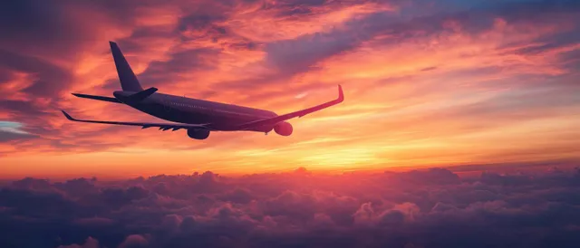 Commercial airplane gliding above dense clouds under an orange and purple sunset sky