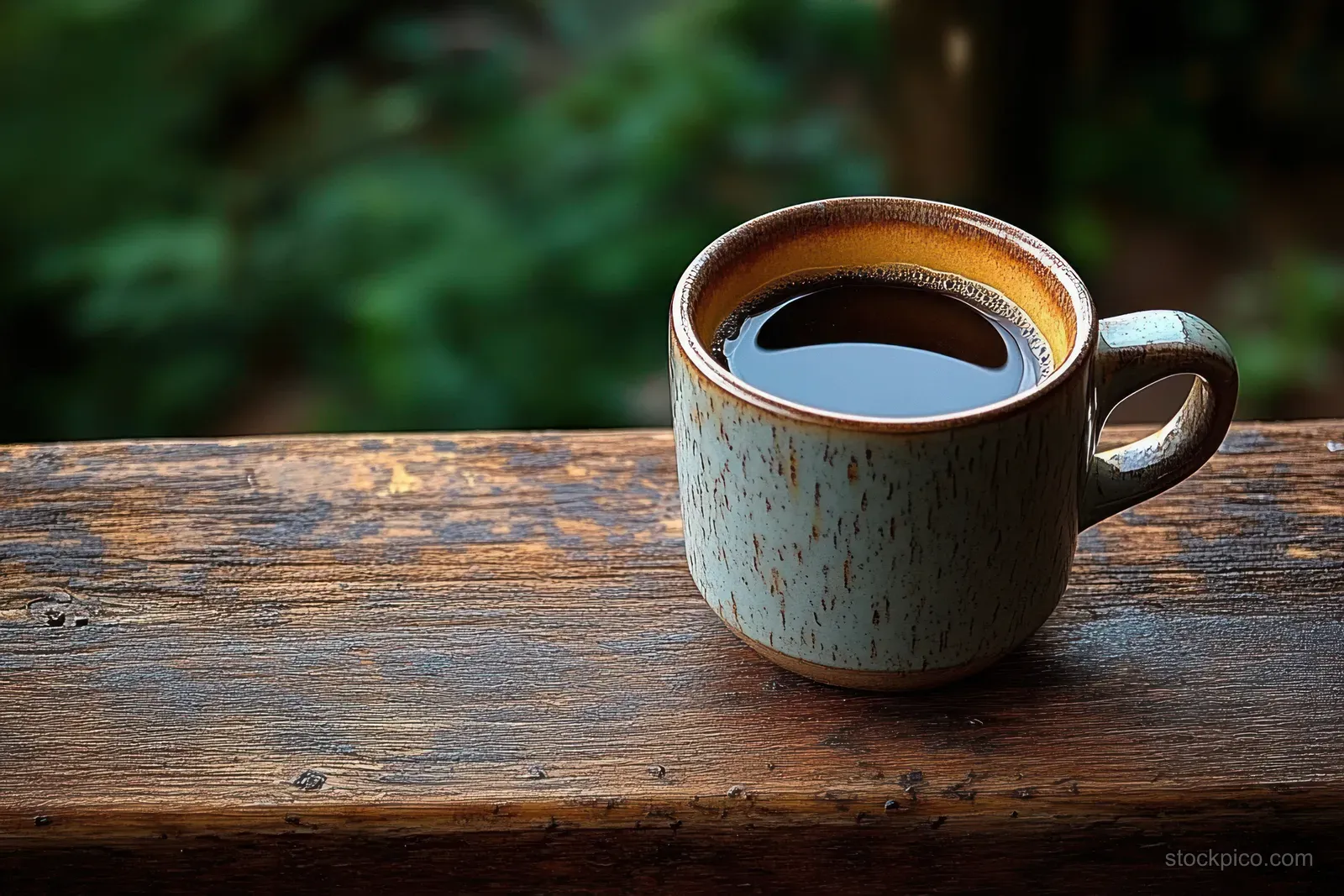 A rustic ceramic mug filled with black coffee on weathered wooden planks with a blurred green outdoor background.
