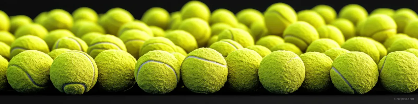 Rows of yellow-green tennis balls sit on a textured court surface with dramatic side shadows.