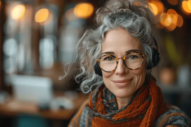 Smiling grey-haired customer support agent with headset and glasses laughs during a video call at a laptop desk.