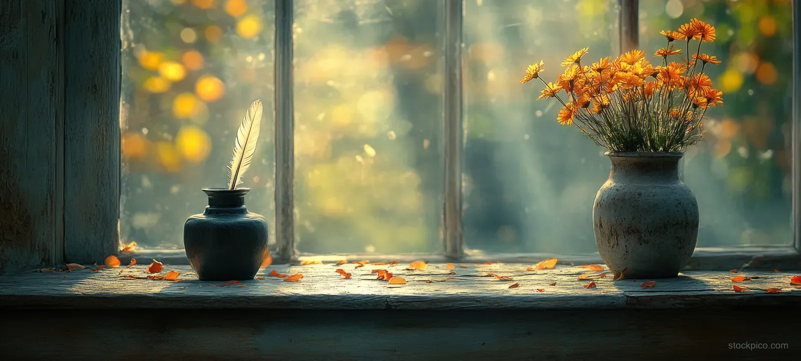 Quill ink pot on a wooden window ledge with scattered leaves and a small vase in warm sunlight.