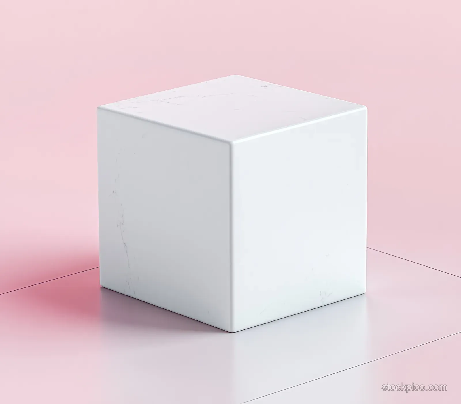 Matte white cube gift box standing on a soft pink studio surface with gentle shadows.