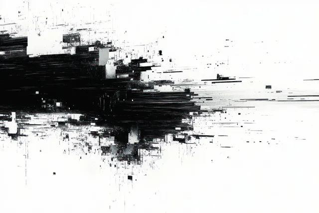 Black and white rectangular glitch fragments with jagged horizontal distortion scatter across a white background.