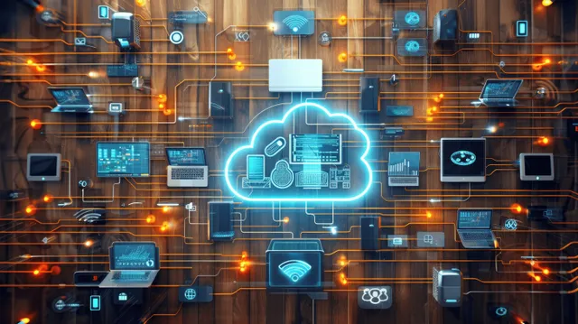 Glowing cloud storage center connected to floating device icons and data lines in a dark server room.