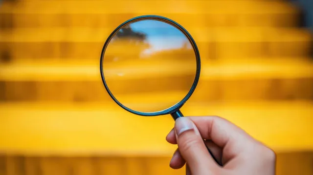 Hand holding a magnifying glass over a blurred yellow city street background