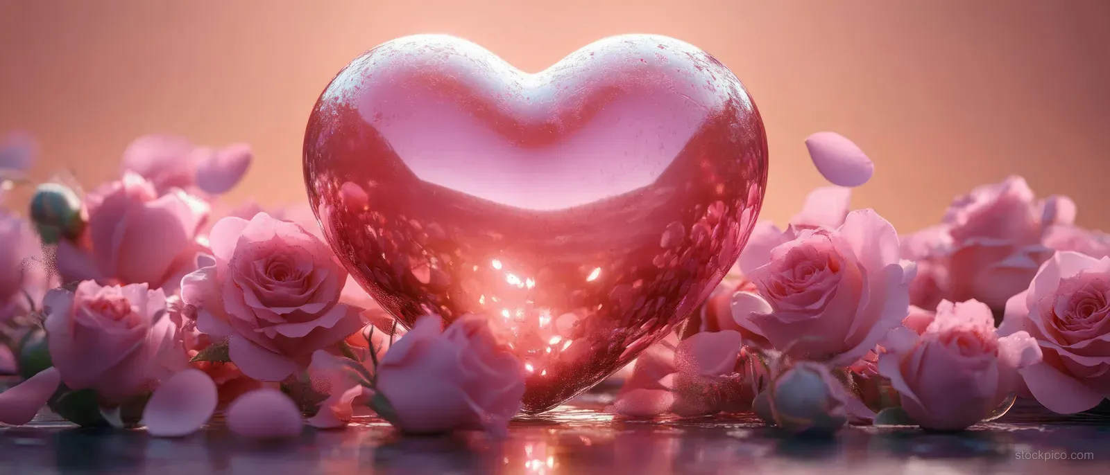 A glossy pink heart glows between soft pink roses and scattered rose petals on a warm background.