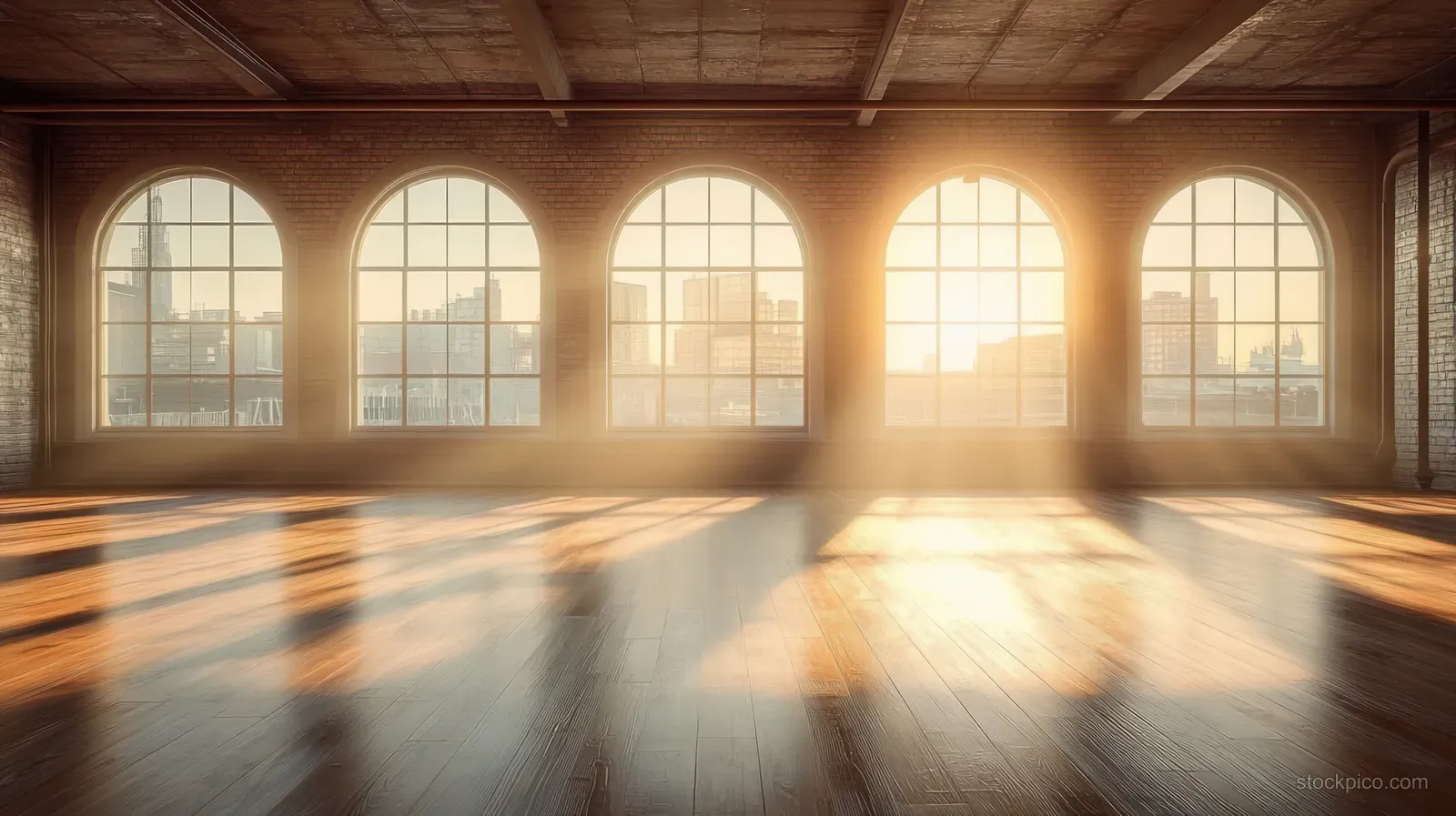 Empty room with arched windows showing a sunset city skyline and warm sunlight creating long shadows on a wooden floor.