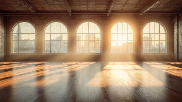 Empty room with arched windows showing a sunset city skyline and warm sunlight creating long shadows on a wooden floor.