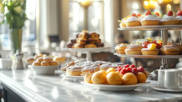 Pastries and muffins dusted with powdered sugar sit on a tiered stand atop a marble countertop with strawberries in view.