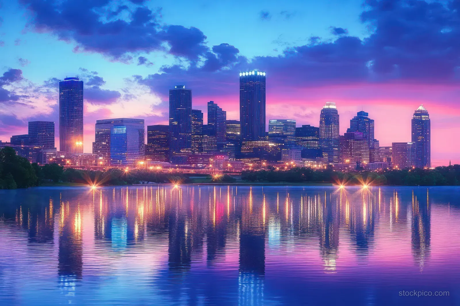 Minneapolis skyline glows at dusk across the Mississippi River with bright tower lights reflected in calm water.