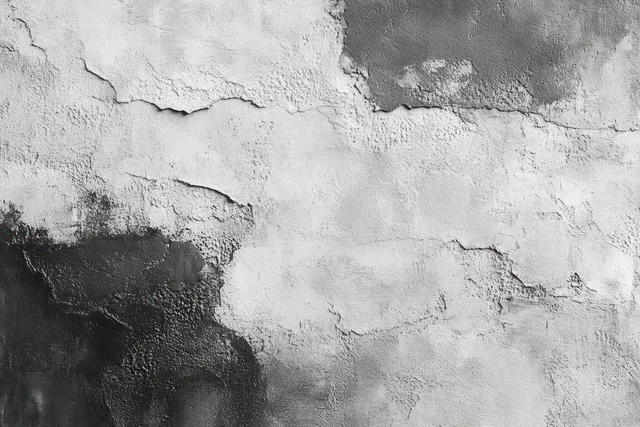 Close-up of a weathered concrete wall with peeling paint and cracked textured surface in black and white tones.