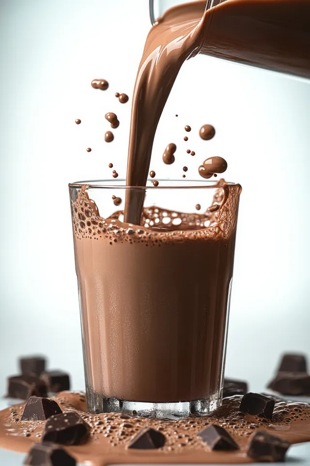 Chocolate milk pours into a glass, creating splashes while chocolate chunks scatter on the table surface.