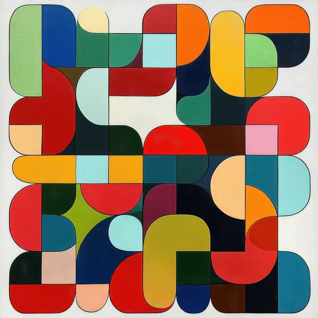 Colorful rounded geometric pattern with layered curves and bold blocks