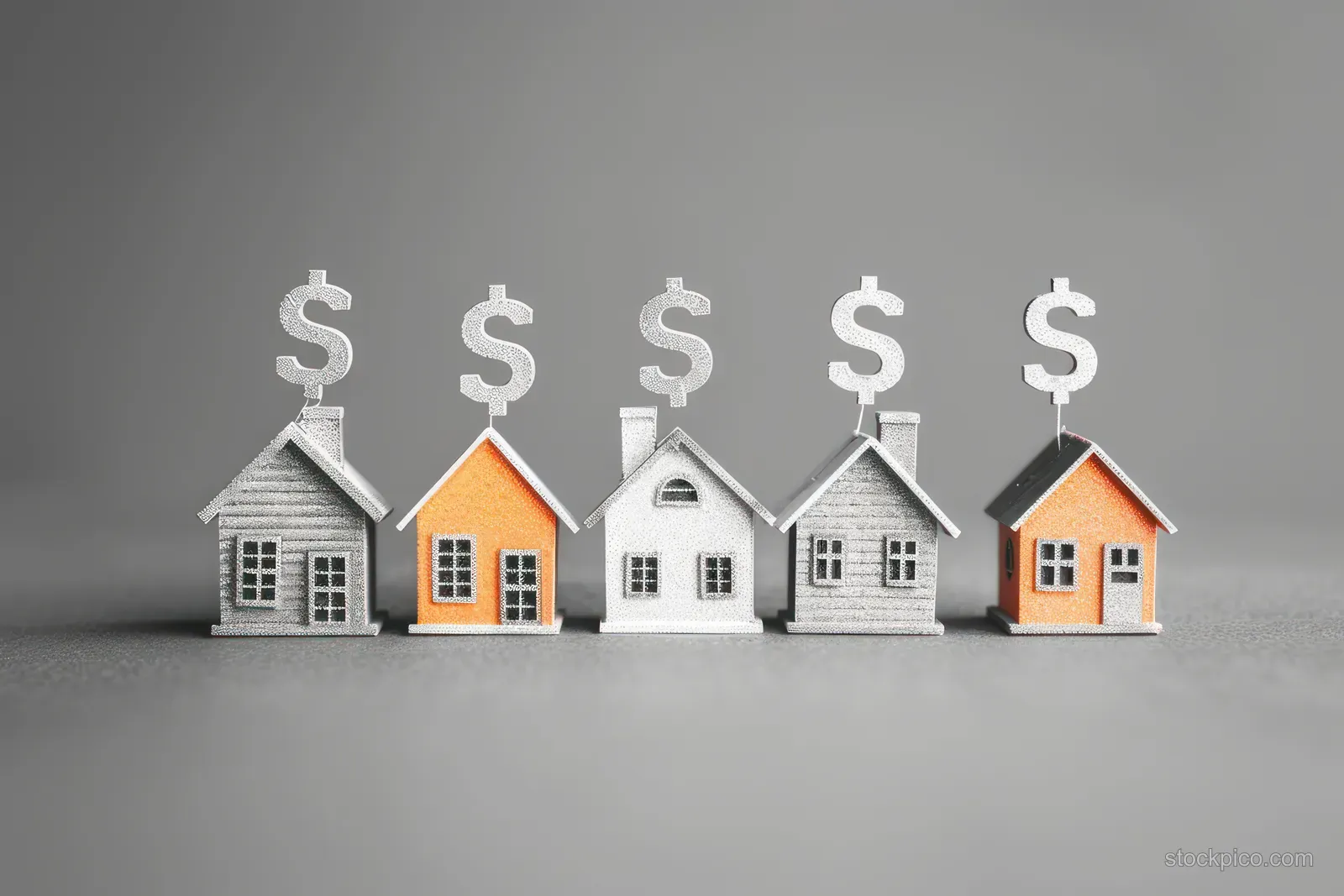 Miniature houses in a row with dollar sign icons above each chimney on a gray background.