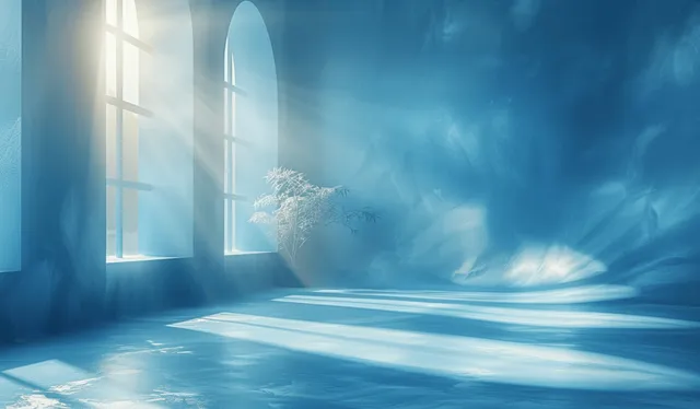 Light blue gradient interior with blurred glass window and soft spotlight floor reflections