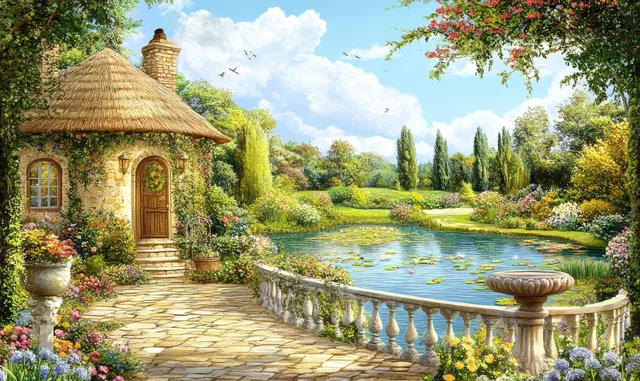 Thatched cottage and stone bridge overlook a lily pond with birds flying across a sunny sky.