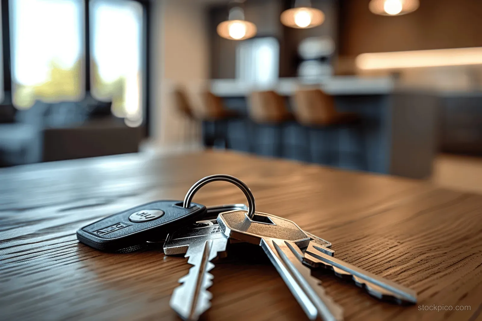 Metal keys lie on a wooden table with a blurred open kitchen and living room in the background.