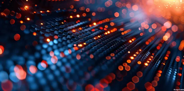 Futuristic blue background with diagonal glowing lines and layered geometric circuit patterns amid soft light bokeh.