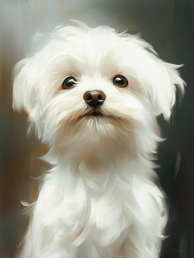 Fluffy white small dog close-up portrait indoors, looking curiously with expressive eyes and soft fur.