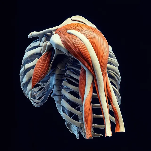 3D medical illustration of shoulder and upper arm muscles and bones with orange muscle bands on a dark background.