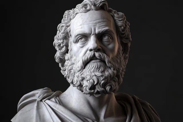 Detailed marble bust of an elderly bearded philosopher gazing upward in moody studio light