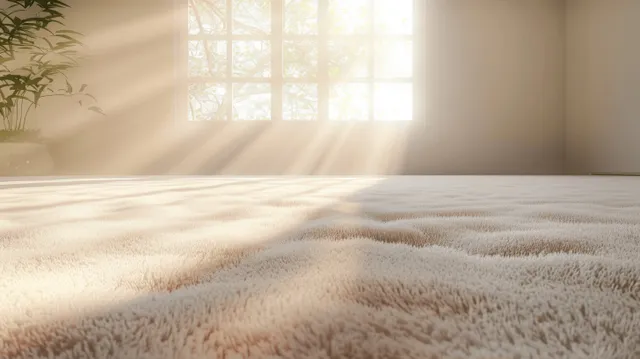 Fluffy beige carpet fills the foreground in a minimalist living room, with bright sunlight streaming through a window.